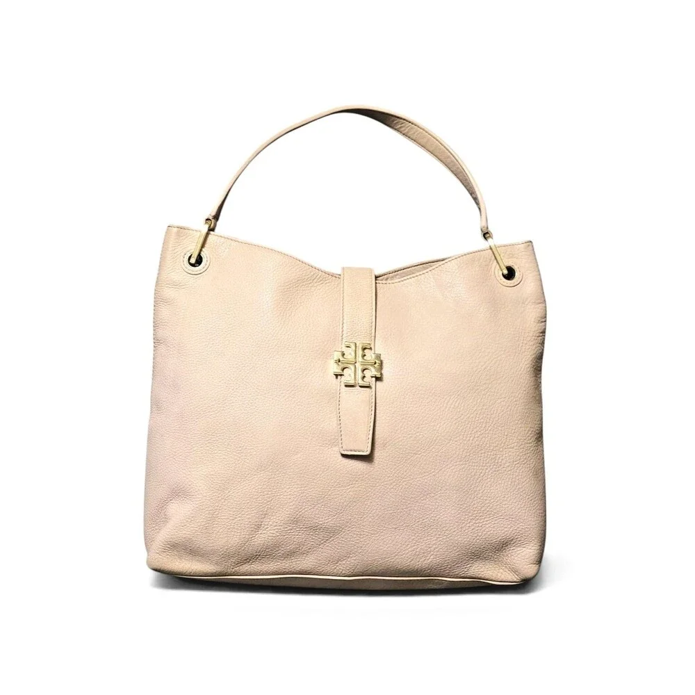TORY BURCH Plaque Hobo Bag Blush Pebbled Leather Shoulder Purse Beige